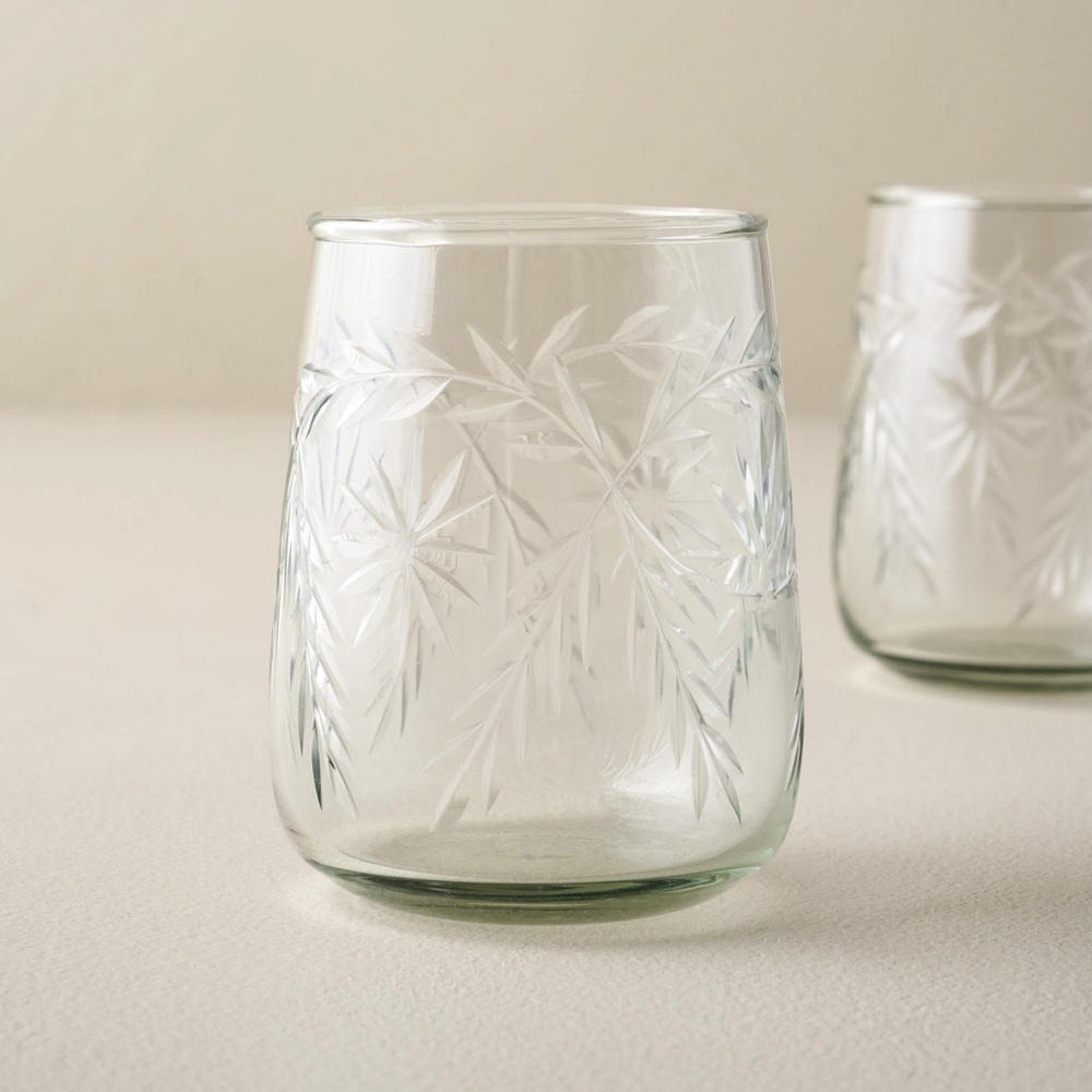 Magnolia Vintage Vivian Cut Etched Botanical Glassware - stemless set of 4